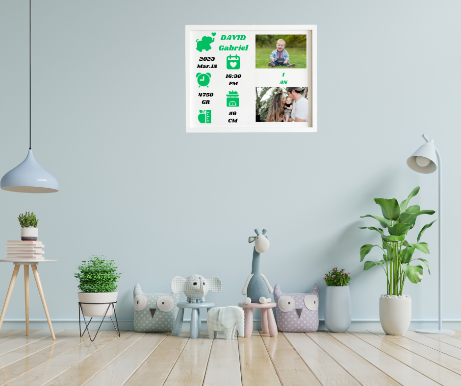 Tablou Personalizat Copii, RAMA ALBA, 40*30 cm, Detalii Verzi, pozitionare ORIZONTALA