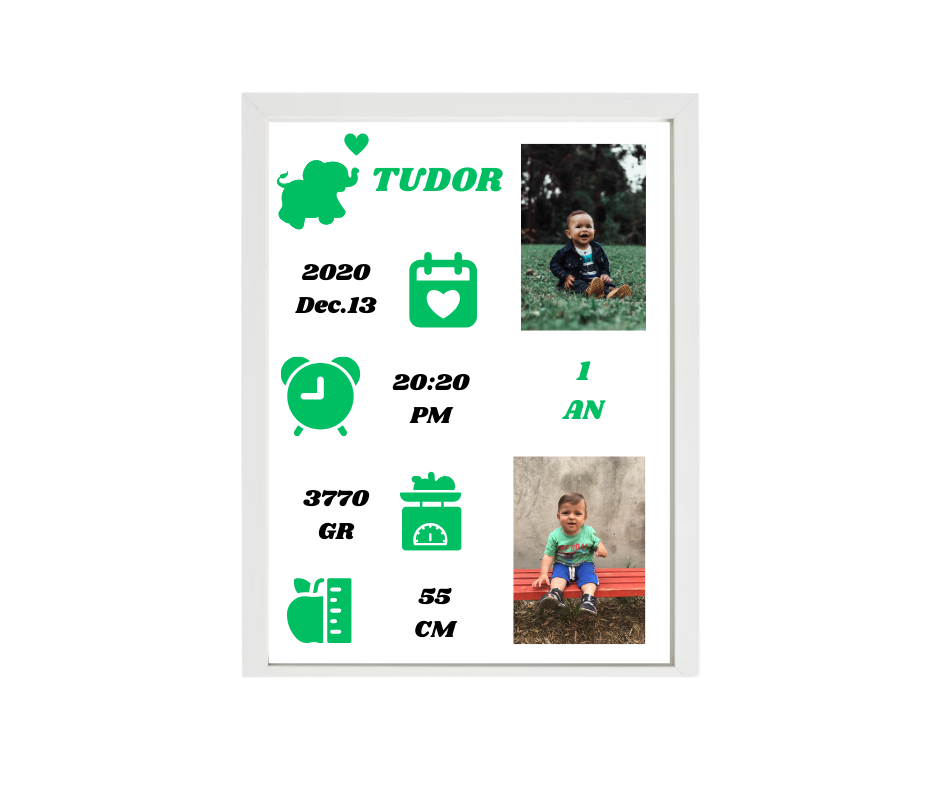 Tablou Personalizat Copii, RAMA ALBA, 40*30 cm, Detalii Verzi, pozitionare VERTICALA