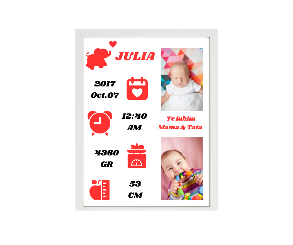 Tablou Personalizat Copii, RAMA ALBA 40*30 cm, Detalii Rosii, pozitionare VERTICALA