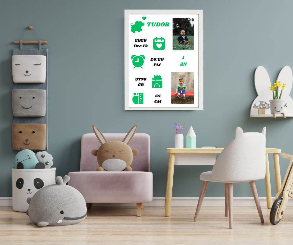 Tablou Personalizat Copii, RAMA ALBA, 40*30 cm, Detalii Verzi, pozitionare VERTICALA