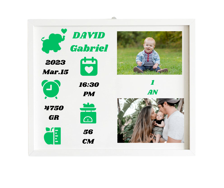Tablou Personalizat Copii, RAMA ALBA, 40*30 cm, Detalii Verzi, pozitionare ORIZONTALA