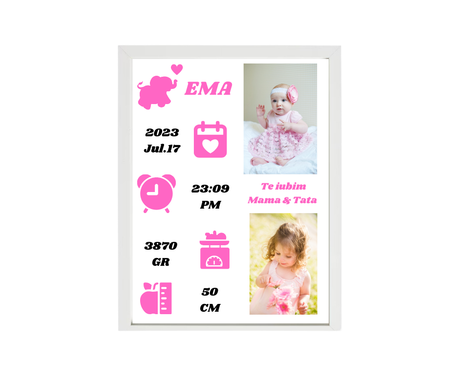 Tablou Personalizat Copii, RAMA ALBA, Detalii Roz, 40*30 cm, pozitionare VERTICALA