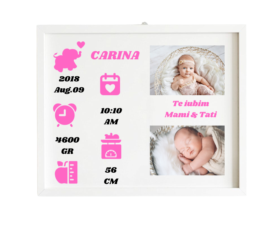 Tablou Personalizat Copii, RAMA ALBA, Detalii Roz, 40*30 cm, pozitionare ORIZONTALA