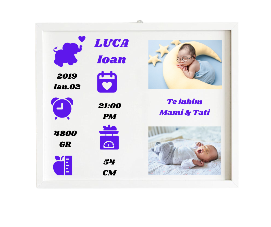 Tablou Personalizat Copii, RAMA ALBA, 40*30 cm, Detalii Albastre, pozitionare ORIZONTALA