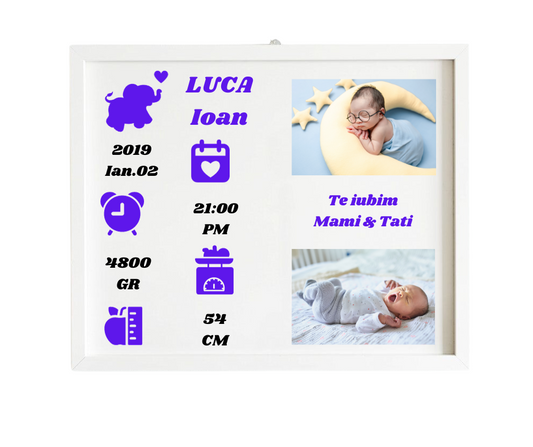 Tablou Personalizat Copii, RAMA ALBA, 40*30 cm, Detalii Albastre, pozitionare ORIZONTALA